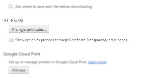 Under HTTPS/SSL heading, new checkbox labeled Show option to proceed through Certificate Transparency error pages